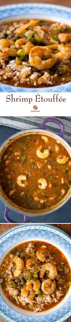 shrimp and broccoli soup in a bowl on a blue plate with the words shrimp etouffe