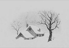 a black and white drawing of a house in the snow next to a tree with no leaves