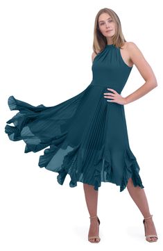 The cha-cha is built in to a pretty pleated party dress that demands to be showcased on the dance floor. 46" length Hidden back-zip closure Halter neck Sleeveless, with cutaway shoulders Lined 100% polyester Hand wash, dry flat Imported A-line Midi Dress With Accordion Pleats For Party, Fitted Chiffon Midi Dress For Cocktail, Pre-draped Pleated Chiffon Dress, A-line Pleated Dress With Ruffles For Party, Fitted Midi Dress With Accordion Pleats For Evening, Fitted Knee-length Pleated Dress For Night Out, Fitted Accordion Pleats Midi Dress For Evening, Chiffon Party Dress With Pleated Back, Fitted Evening Dress With Pleated Hem