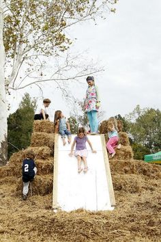 children playing on a slide made out of hay