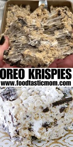 a person holding a piece of food in their hand and the words oreo krispies on it