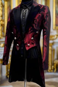 Shrine of Hollywood VICTORIAN TAILCOAT - RED/BLACK TAPESTRY Men's Coats Mens Tailcoat Suit, Vampire Suit Men, Black And Red Suit For Men, Red Groomsmen Suits, Wine Red Suit Men, Masquerade Ball Outfits For Men, Vampire Tuxedo, Vampire Suit, Masquerade Suit