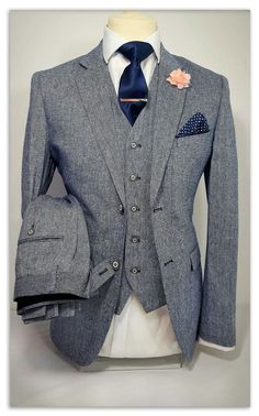 Mens 3 Piece Tweed Navy Grey Suit Party Prom Tailored Smart Wedding | eBay Navy Grey Suit, Wedding Suits Men Grey, Grey Suit Men, Tweed Wedding Suits, Tweed Suit, Suits Men, Mens Fashion Smart, Suit Men, Tweed Suits