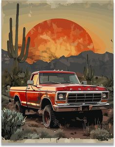 an old red pickup truck parked in the desert with cactus and sun setting behind it