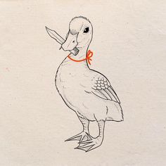 a drawing of a duck with an orange ribbon around its neck