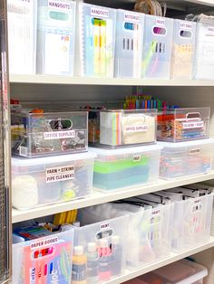 the shelves are filled with many different types of crafting supplies and storage bins