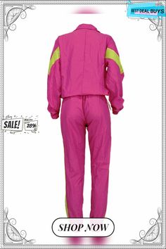 Two Piece Color Block Zip Up Tops & Long Pants Pink Stretch Pants For Leisure, Pink Stretch Leisure Pants, Spring Sportswear Parachute Pants With Relaxed Fit, Relaxed Fit Parachute Pants For Spring Sportswear, Spring Sportswear Pants With Elastic Waistband, Sporty Pink Parachute Pants For Spring, Pink Leisure Pants For Summer, Pink Sporty Parachute Pants For Spring, Trendy Fitted Pink Parachute Pants