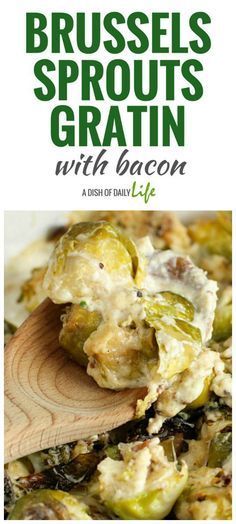 broccoli and brussel sprouts gratin with bacon on a wooden spoon