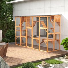 a wooden structure with cats in it sitting on the porch next to some bushes and trees