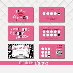 some pink business cards with black and white designs on them, all in different colors