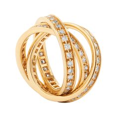 This Cartier Trinity rolling ring features three intertwined 18k yellow gold bands set all the way around with approximately 1.55 carats of round brilliant cut diamonds. Each band is 3.2mm wide. Numbered and stamped Cartier, with French Hallmarks. Size 4 US (47 EU). 8.6 grams. Gold Trinity Ring, Cartier Trinity Ring, Rolling Ring, Trinity Ring, Cartier Jewelry, Gorgeous Jewelry, Round Brilliant Cut Diamond, Brilliant Cut Diamond, Gold Bands