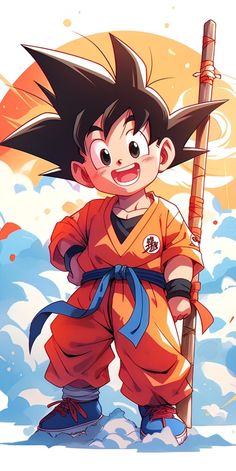 a cartoon character holding a stick and wearing an orange outfit with black hair, standing in the