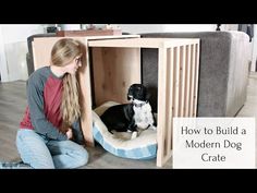 a woman sitting on the floor next to a dog in a wooden crate with text overlay how to build a modern dog crate