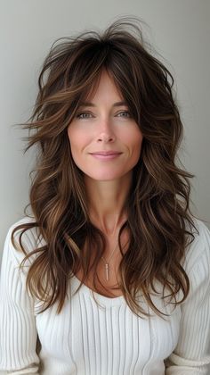 Long Shag Face Framing, Long Shag Haircut Long Bangs, Voluminous Shag Haircut, Shullet Hairstyles Long, Modern Farrah Fawcett Hair, Long Shag Haircut No Bangs, Long Hair Styles With Layers For Over 50, Long Hair 50 Year Old Women, Long Textured Haircut