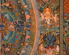 an intricately decorated wall with buddhas on it