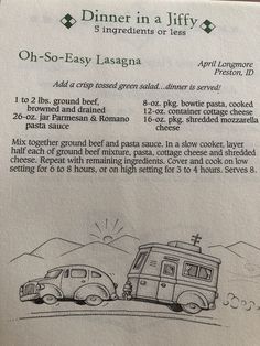 the recipe for dinner in a jiffy van and campervan is shown here