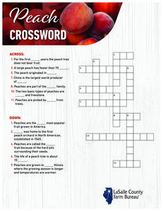 the peach crossword is shown in red and white, with an image of peachs on