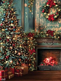 Christmas Faded Victorian Photography Backdrop - Victorian-style Christmas backdrop with a decorated tree Notion Christmas, Vintage Christmas Background, Green Screen Backdrop, Victorian Christmas Tree, Victorian Photography, Brick Backdrops, Elegant Background, Wrapped Presents, Painted Backdrops