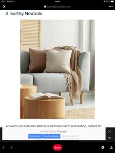 an image of a couch with pillows and blankets on it's back, next to a book that reads earthy neutrals