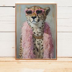 a painting of a cheetah wearing pink sunglasses and a fur coat on top of a wooden shelf