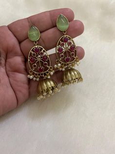 *Beautiful Premium Quality Kundan Earring *Combination Of Kundan, Pink Monalisa Stones And Chini Pearls *Quality Of Chinni Pearl Is Best *Comes With Matching Earrings *Front Side is Monalisa Stone With Kundan *Pearls And Kundan Are Of Original Quality *For More Beautiful Collection, Check At https://www.etsy.com/shop/placeoffashion *Necklace Fitting Is Adjustable *Earring Closure: Push Back **Necklace Closure : Beautiful Silk Thread *It is a Bridal or Partywear Set. *It Will Give You a Unique an Green Temple Jewelry Bridal Earrings As Gift, Festive Teardrop Danglers, Pierced, Festive Teardrop Danglers With Pierced Detail, Green Dangle Jhumkas For Gift, Green Bridal Earrings With Latkans For Gift, Green Bohemian Earrings For Wedding, Bohemian Green Earrings For Wedding, Bohemian Green Bridal Earrings For Wedding, Jeweled Jhumkas Drop Earrings For Gift