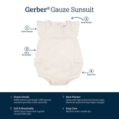 Gerber brings cute style to your little one’s wardrobe. Each of our sunsuits are designed for easy on and off. They’re made with super soft double layer cotton gauze fabric for all-day comfort and easy care. We had our essentials independently certified with STANDARD 100 by OEKO-TEX® so that you don’t have to worry about harmful substances in your baby’s clothing. Includes one solid ivory baby girl sunsuit. Baby Size Chart, Cotton Gauze Fabric, Gerber Baby, Cotton Sleepwear, Bubble Romper, Gauze Fabric, Toddler Boy Outfits, Cute Style