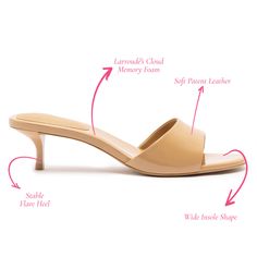 Named for femme fatale Greta Garbo, this versatile mule is festive and functional, in a neutral tan patent leather you can wear with everything this Summer. Sleek Leather Mules Fitted, Sleek Leather Mules, Fitted Leather Mules, Chic Spring Patent Leather Mules, Chic Brown Patent Leather Sandals, Summer Workwear Patent Leather Sandals, Elegant Beige Mules Medium Width, Feminine Leather Mules, Fitted Leather Mules For Spring