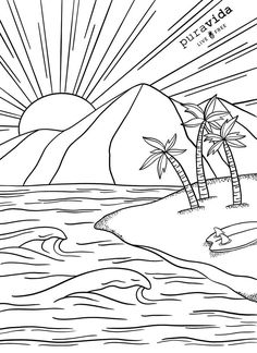 a coloring page with palm trees and the sun in the sky over water on a beach