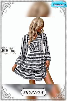 Pullover Women's Short Skirt Fashion Long Sleeve Printed Dress Casual Long Sleeve Summer Dress With Ruffles, Casual Long Sleeve Dress With Ruffles For Summer, Casual Long Sleeve Ruffled Dress For Summer, Casual Summer Long Sleeve Mini Dress, Fall Vacation A-line Mini Dress, Winter Vacation V-neck Dresses, Winter Vacation Dresses With V-neck, Casual Long Sleeve Summer Dress For Party, Casual Long Sleeve Summer Party Dress