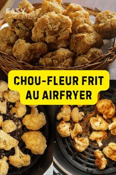 there are many different types of food in the basket on the table with words above it that read chou - feur frit au air fryer