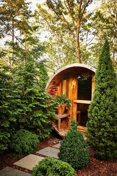 a small cabin in the woods surrounded by trees and bushes, with steps leading up to it