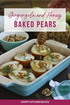 baked pears with honey and parsley in a baking dish