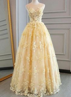 High Quality Lace Yellow Long Party Gown, A-line Evening Dress Yellow Sparkly Dress, Yellow Wedding Dress, Yellow Evening Dresses, Long Party Gowns, Prom Dresses Yellow, Yule Ball, Amazing Shoes, Floor Length Prom Dresses, Lace Formal Dress