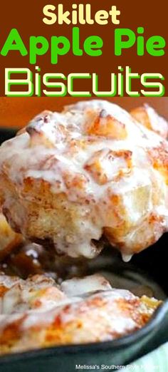 a skillet filled with apple pie biscuits on top of a green plate