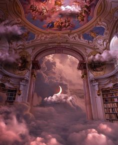 an open book shelf in the middle of a room filled with clouds and books under a painted ceiling