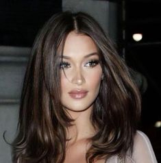 Kendall Jenner Dark Brown Hair, Bella Hadid Long Hair, Bella Hadid Brown Hair, Bella Hadid Aesthetic Icon, Shiny Dark Brown Hair, Bella Hadid Bangs, Dark Thick Hair, Bella Hadid Face, Madison Beer Bangs