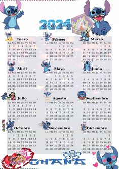 an image of a calendar with stitchy characters in the middle and numbers on it