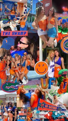 the collage shows many different pictures of people in orange and blue outfits, including one woman