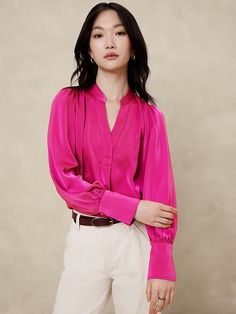 Crepe Volume-Sleeve Blouse | Banana Republic Factory Chic Spring Blouse With Notched Neckline, Elegant Blouse With Band Neckline For Work, Elegant Spring Tops With Band Neck, Chic Tops With Band Neckline For Workwear, Chic Workwear Tops With Band Neckline, Chic Band Neckline Tops For Work, Spring Workwear Blouse With Notched Neckline, Spring Notched Neckline Workwear Blouse, Elegant Blouse With Band Neckline For Spring