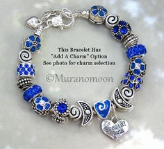 Crystal European Charm Bracelet Royal Blue Crystal Charms Flower and Heart Charms Silver European Charms OPTIONAL - ADD A CHARM Mom Special Mother Nana Special Nana Special Grandma Aunt Special Sister Special Daughter Princess Available In Sizes 8" 8 1/2" 9" each size has 1" additional extension chain *  FREE SHIPPING on orders of $35 or more *  Thank You For Stopping By My Shop           www.muranomoon.com . Personalized Blue Charm Bracelet For Birthday, Blue Bracelet Jewelry For Birthday, Personalized Blue Jewelry For Mother's Day, Blue Spacer Beads Bangle Jewelry, Blue Bangle With Spacer Beads, Personalized Blue Bracelets, Blue Beaded Charm Bracelet, Adjustable Blue Charm Bracelet With Colorful Beads, Personalized Blue Charm Bracelet With Round Beads