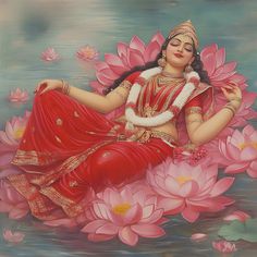 a painting of a woman sitting in water surrounded by pink flowers