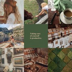 a collage of pictures with coffee, photos, and other things on it that include an image of a woman sitting in a boat