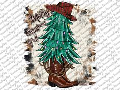 a cowboy boot with a christmas tree on it's side and the words merry christmas