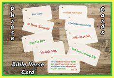 the bible verse cards are laid out on a wooden table