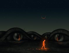 a man standing in front of an eye with the moon above him and two eyes behind him