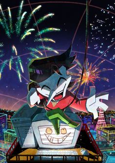 an animated character is holding a flag in front of fireworks