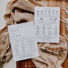 two wedding program cards on top of a table with some scissors and yarn next to it