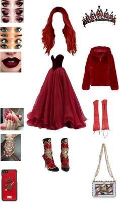 a red dress and accessories are arranged in the shape of a woman's face