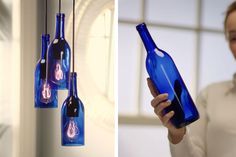 a woman holding a blue bottle in front of a clock and another photo of bottles hanging from the ceiling