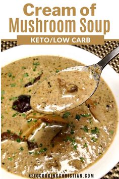 cream of mushroom soup in a white bowl with a ladle full of the soup